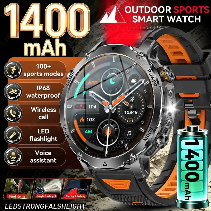 LIGE 2026 Military 1400mAh Battery Smart Watch Men Outdoor Flashlight IP68 Waterproof Heart Rate Bluetooth Call Sports Bracelet