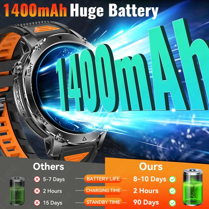 LIGE 2026 Military 1400mAh Battery Smart Watch Men Outdoor Flashlight IP68 Waterproof Heart Rate Bluetooth Call Sports Bracelet