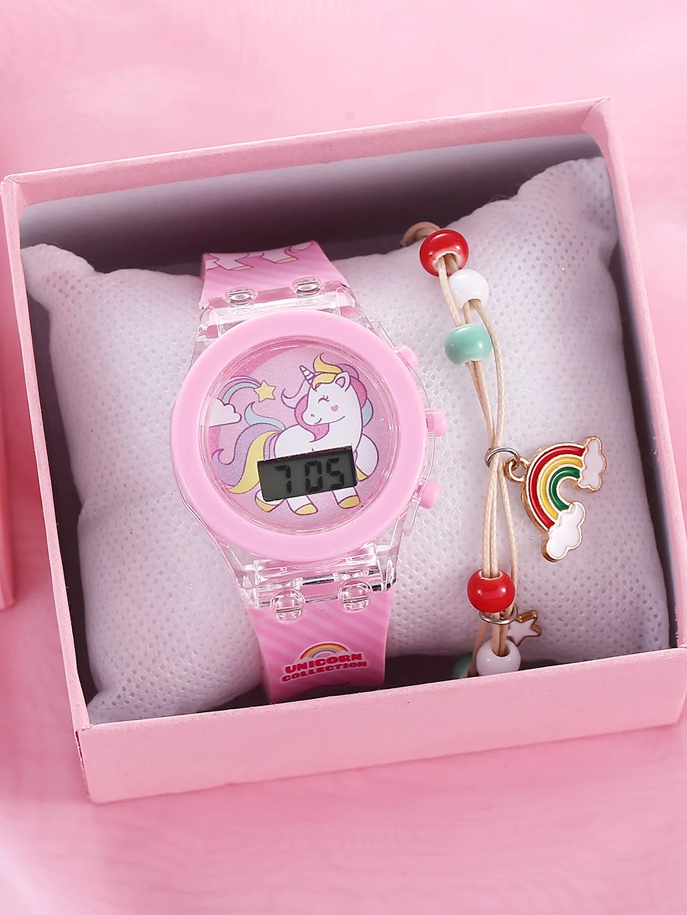 Fashionable cute glowing unicorn electronic watch with rainbow bead bracelet exquisite set