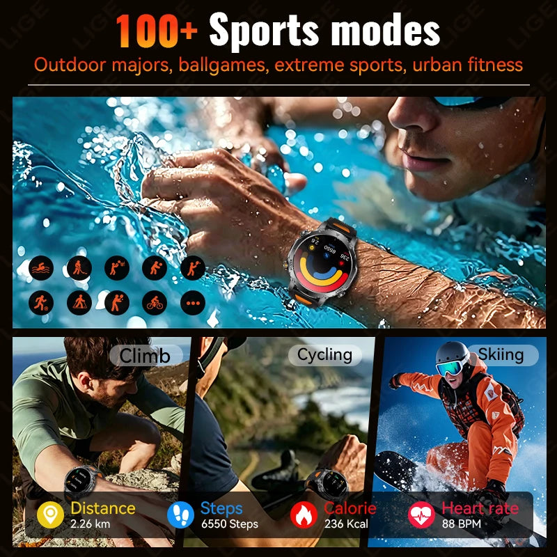 LIGE 2026 Military 1400mAh Battery Smart Watch Men Outdoor Flashlight IP68 Waterproof Heart Rate Bluetooth Call Sports Bracelet