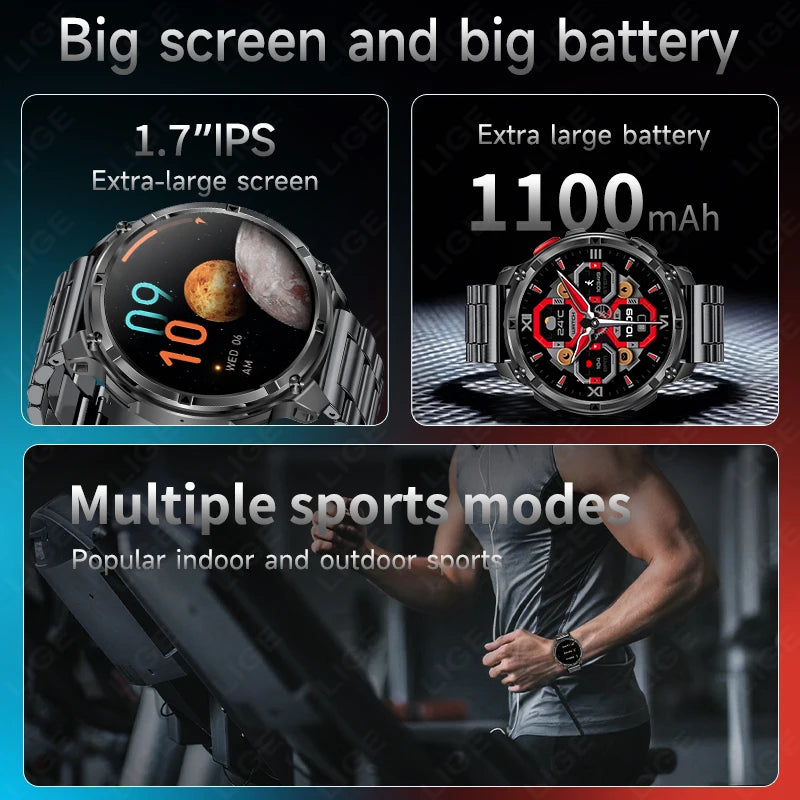 2026 New LIGE 1100mAh Super Capacity Battery Adult Men Smart Watch 1.7" Large HD Screen Call 5ATM Waterproof Sports Watches